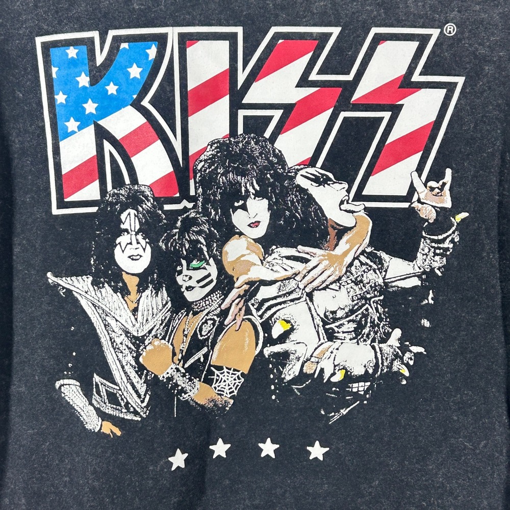 KISS Band Graphic T-Shirt Mens XL Gray Mineral Wash American Flag Logo 2024